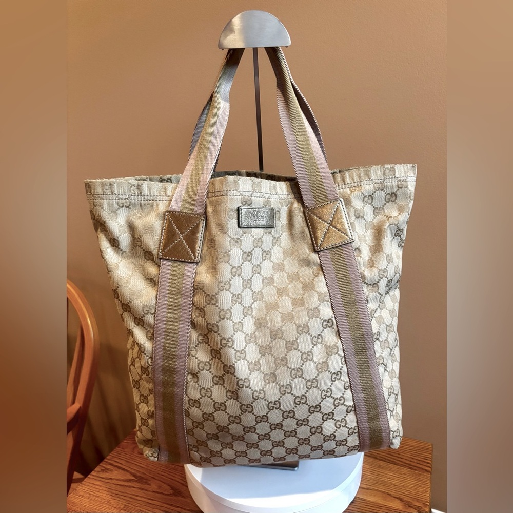 GUCCI SIGNATURE GG MONOGRAM LARGE CANVAS SHOPPER TOTE/PURSE-GOLD PINK - EUC